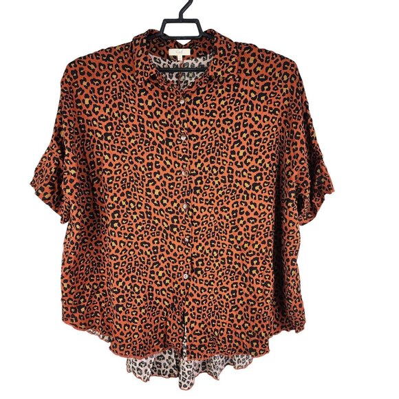 Womens Easel Leopard Print Blouse Orange Black Button Up Short Sleeve Size S - Picture 1 of 11